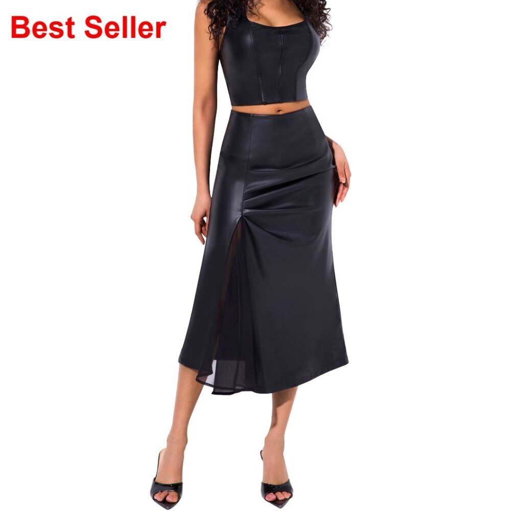 PU Leather Midi Skirt with Mesh A-Line High Waisted Ruched Pleats